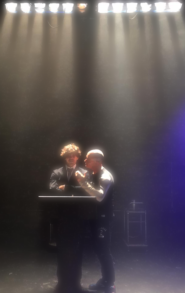 Actor, Fra Fee, and director, Michael Strassen, during tech of THE FIX, 2016; The Union Theatre.